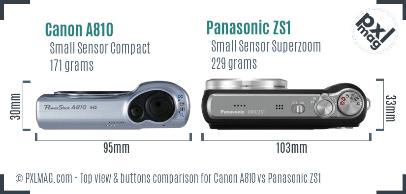 Canon A810 vs Panasonic ZS1 top view buttons comparison