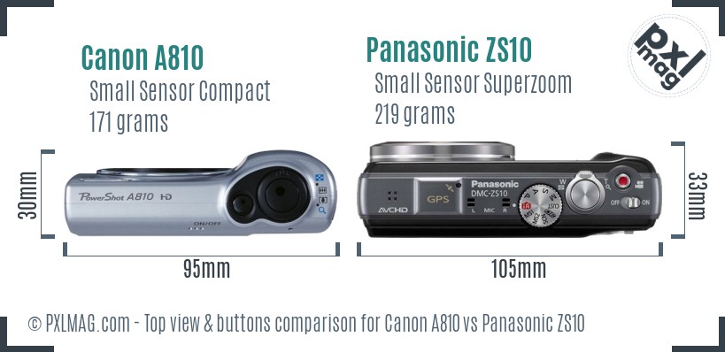Canon A810 vs Panasonic ZS10 top view buttons comparison