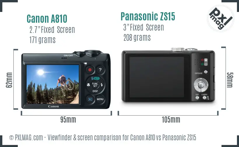 Canon A810 vs Panasonic ZS15 Screen and Viewfinder comparison