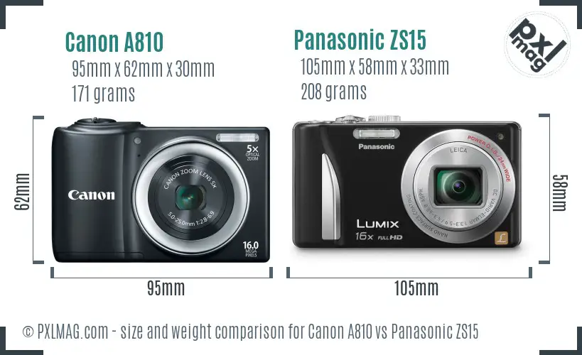 Canon A810 vs Panasonic ZS15 size comparison