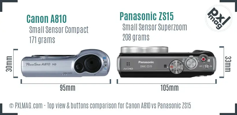 Canon A810 vs Panasonic ZS15 top view buttons comparison