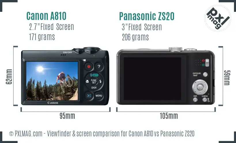Canon A810 vs Panasonic ZS20 Screen and Viewfinder comparison