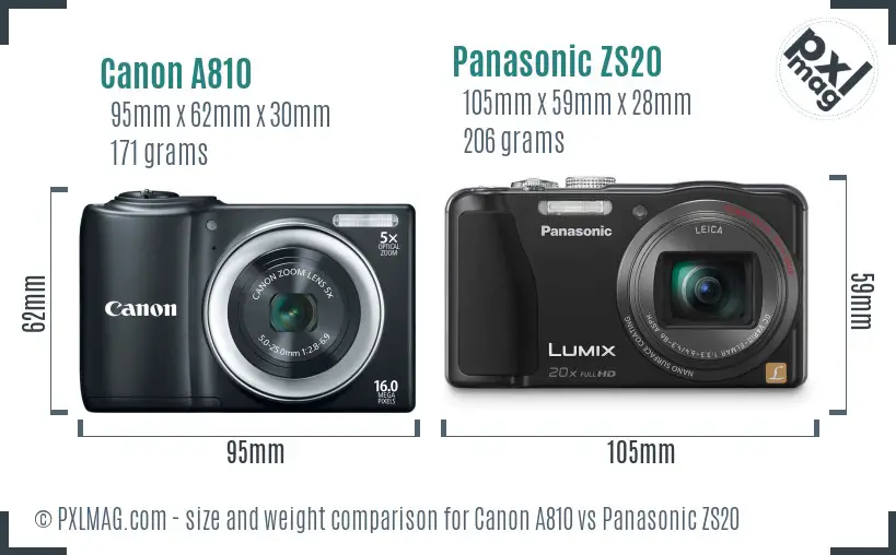 Canon A810 vs Panasonic ZS20 size comparison
