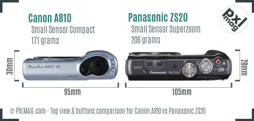Canon A810 vs Panasonic ZS20 top view buttons comparison