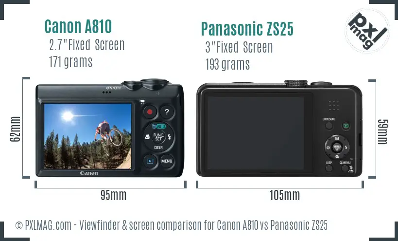 Canon A810 vs Panasonic ZS25 Screen and Viewfinder comparison