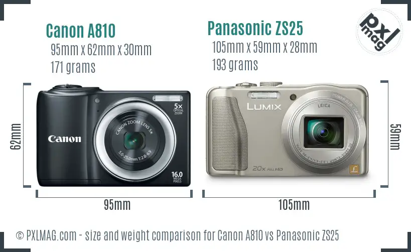 Canon A810 vs Panasonic ZS25 size comparison