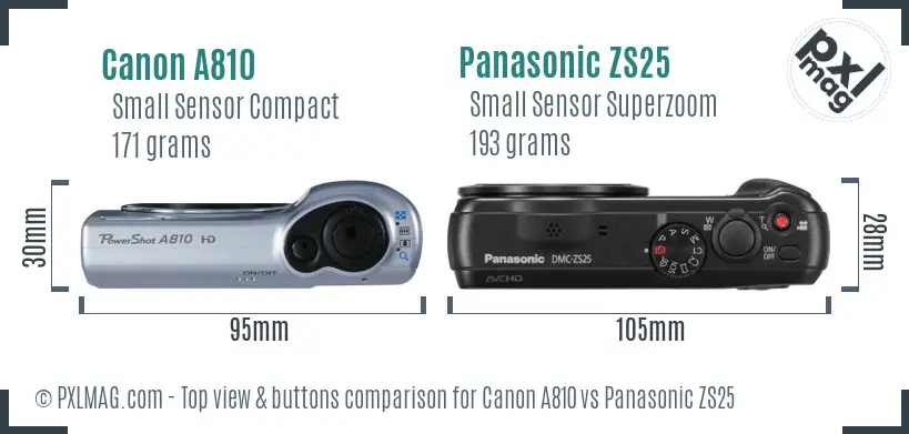 Canon A810 vs Panasonic ZS25 top view buttons comparison