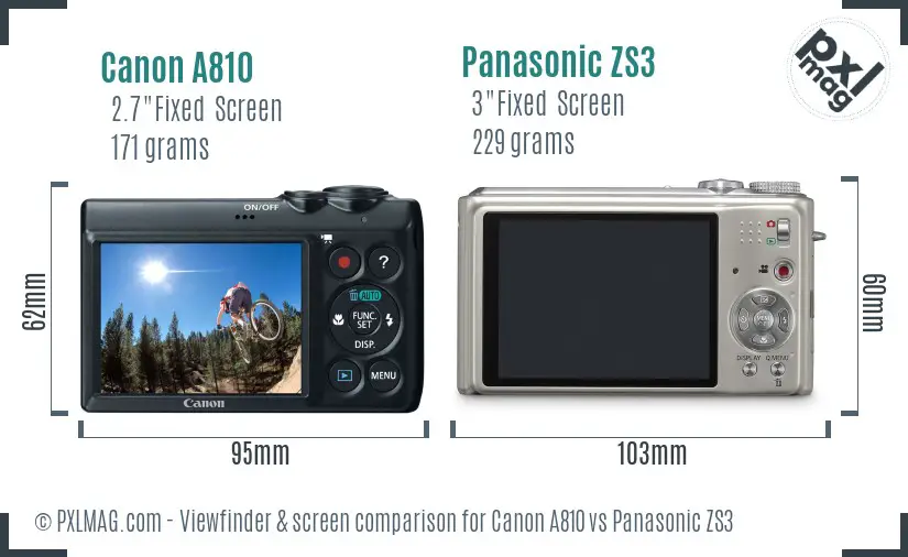 Canon A810 vs Panasonic ZS3 Screen and Viewfinder comparison
