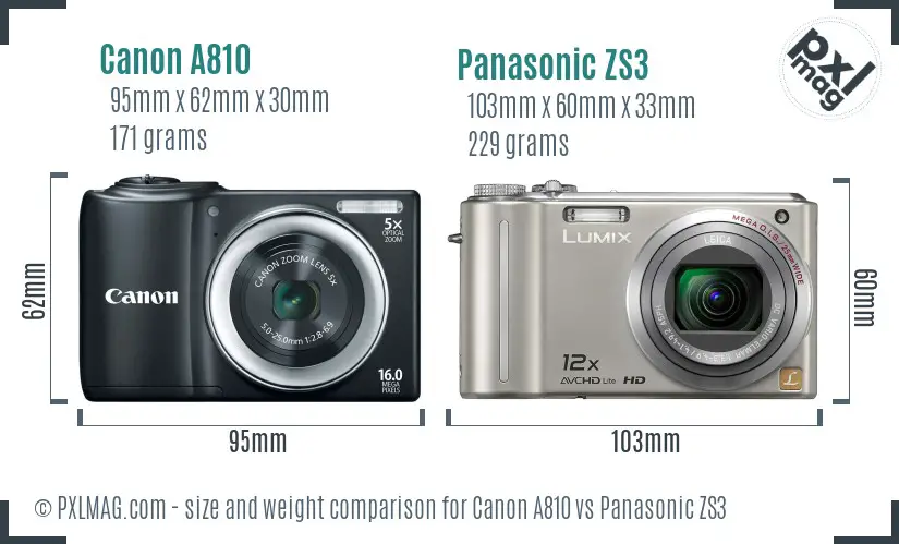 Canon A810 vs Panasonic ZS3 size comparison