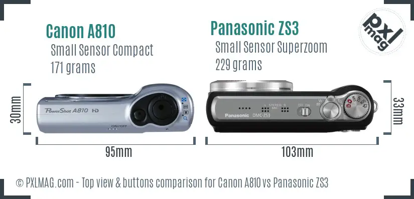 Canon A810 vs Panasonic ZS3 top view buttons comparison