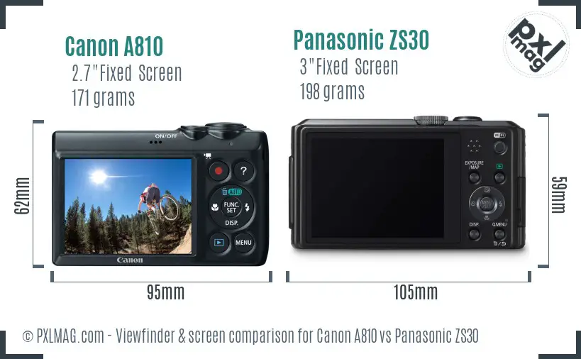 Canon A810 vs Panasonic ZS30 Screen and Viewfinder comparison