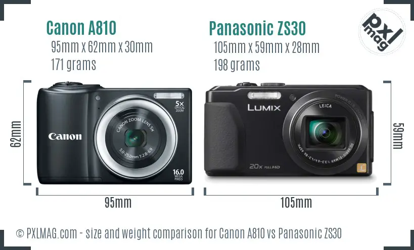 Canon A810 vs Panasonic ZS30 size comparison