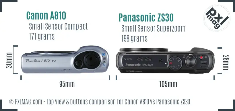 Canon A810 vs Panasonic ZS30 top view buttons comparison