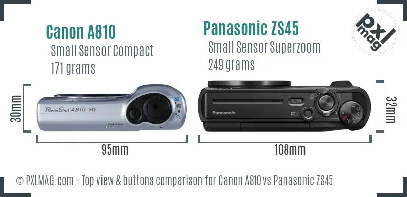 Canon A810 vs Panasonic ZS45 top view buttons comparison Canon A810 vs Panasonic ZS45 top view buttons comparison