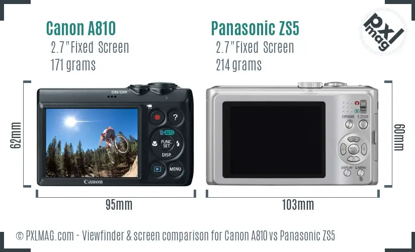 Canon A810 vs Panasonic ZS5 Screen and Viewfinder comparison