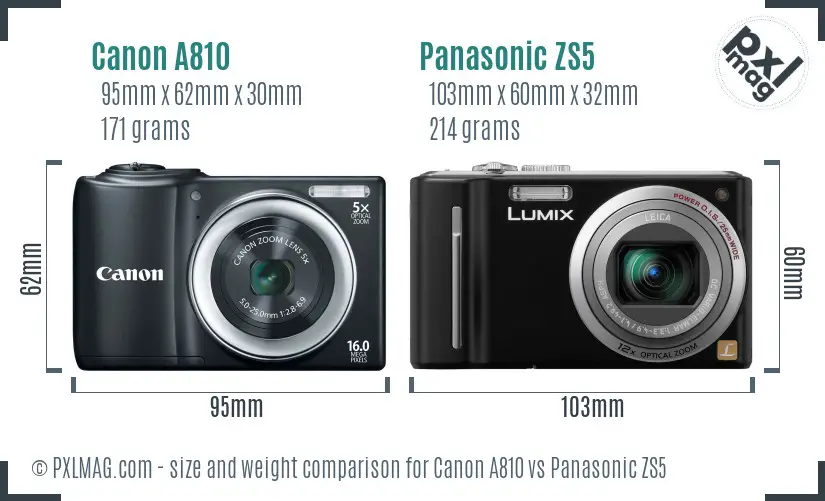 Canon A810 vs Panasonic ZS5 size comparison