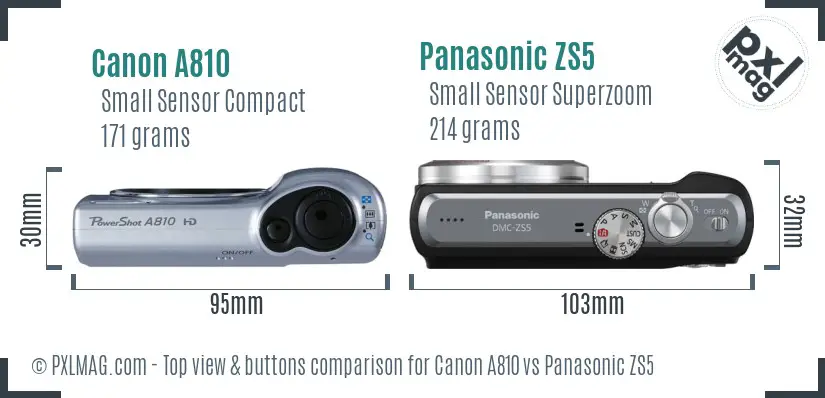 Canon A810 vs Panasonic ZS5 top view buttons comparison