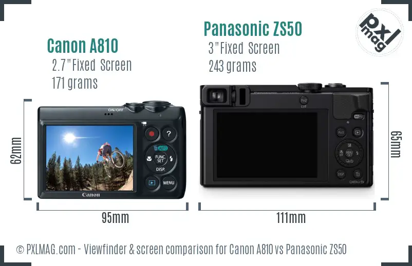 Canon A810 vs Panasonic ZS50 Screen and Viewfinder comparison