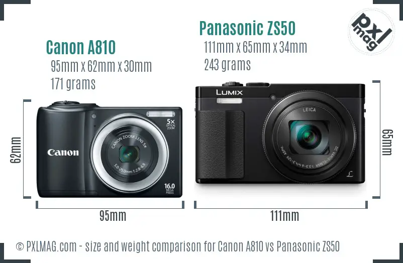 Canon A810 vs Panasonic ZS50 size comparison