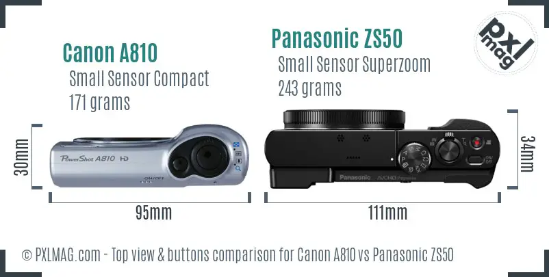 Canon A810 vs Panasonic ZS50 top view buttons comparison