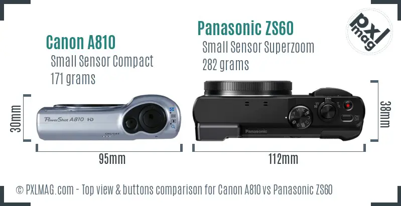 Canon A810 vs Panasonic ZS60 top view buttons comparison Canon A810 vs Panasonic ZS60 top view buttons comparison