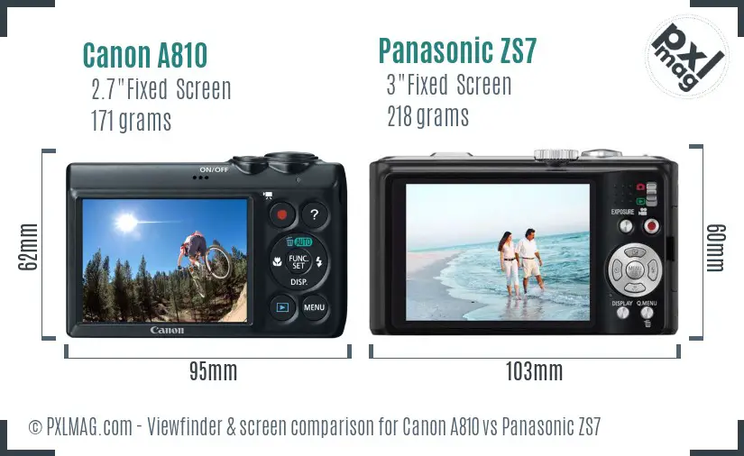 Canon A810 vs Panasonic ZS7 Screen and Viewfinder comparison