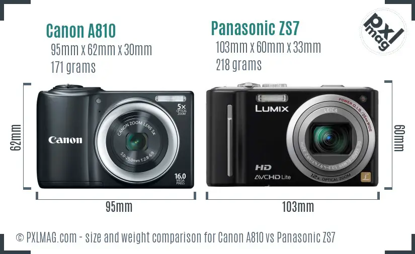 Canon A810 vs Panasonic ZS7 size comparison