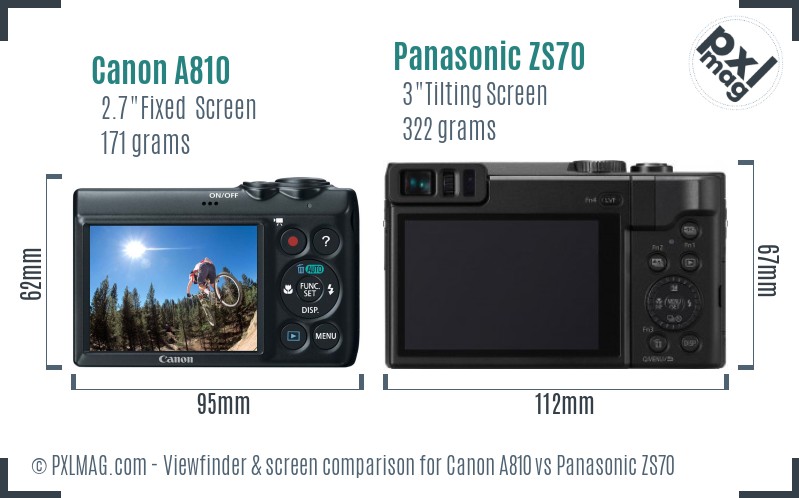 Canon A810 vs Panasonic ZS70 Screen and Viewfinder comparison