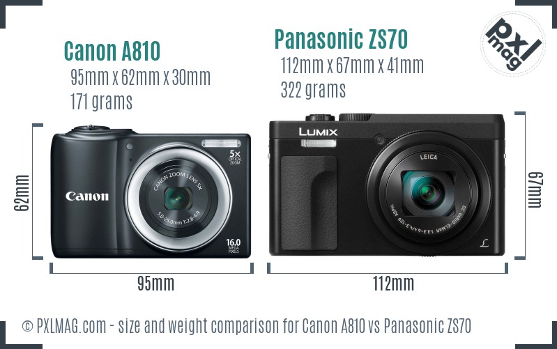 Canon A810 vs Panasonic ZS70 size comparison