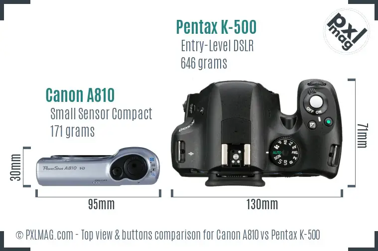 Canon A810 vs Pentax K-500 top view buttons comparison