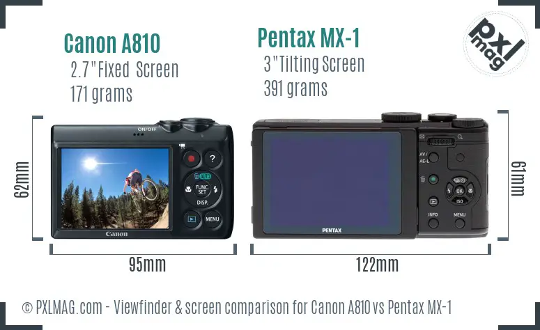 Canon A810 vs Pentax MX-1 Screen and Viewfinder comparison