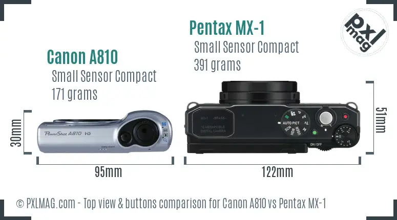 Canon A810 vs Pentax MX-1 top view buttons comparison