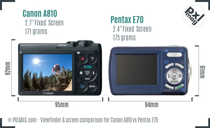 Canon A810 vs Pentax E70 Screen and Viewfinder comparison