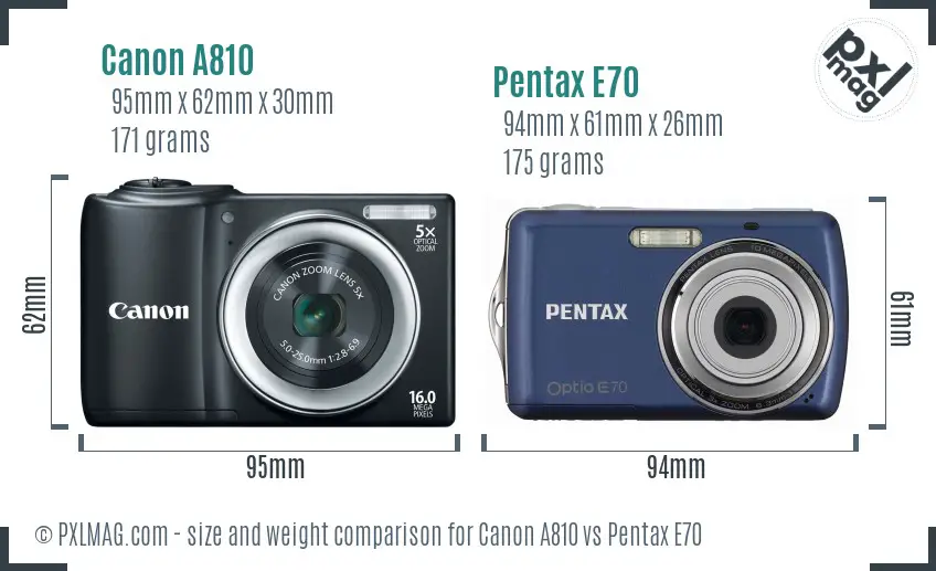 Canon A810 vs Pentax E70 size comparison