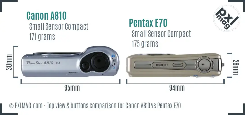 Canon A810 vs Pentax E70 top view buttons comparison