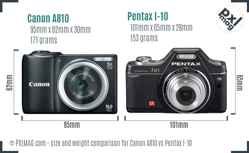 Canon A810 vs Pentax I-10 size comparison