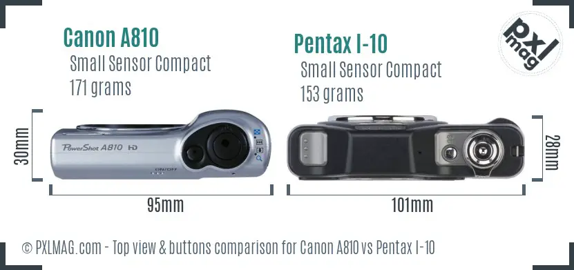 Canon A810 vs Pentax I-10 top view buttons comparison