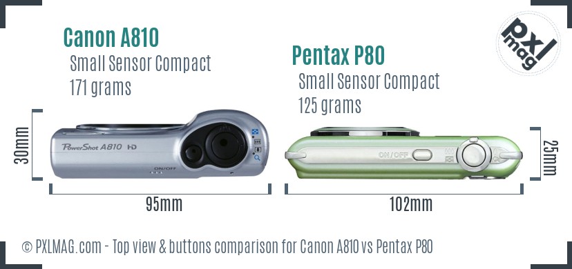 Canon A810 vs Pentax P80 top view buttons comparison