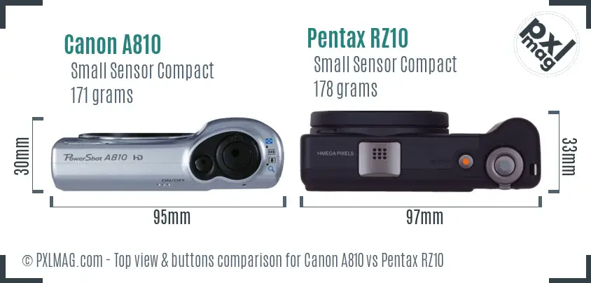 Canon A810 vs Pentax RZ10 top view buttons comparison