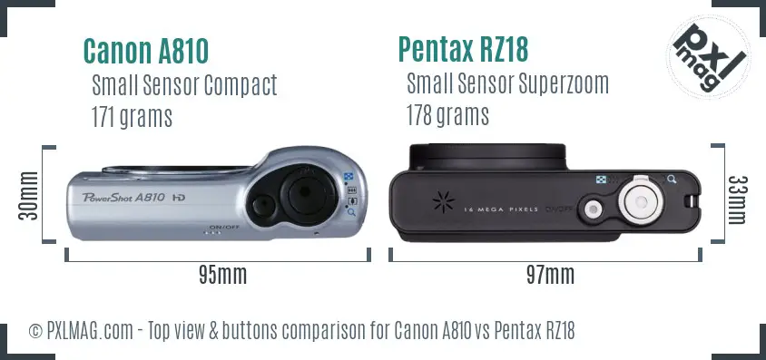 Canon A810 vs Pentax RZ18 top view buttons comparison Canon A810 vs Pentax RZ18 top view buttons comparison