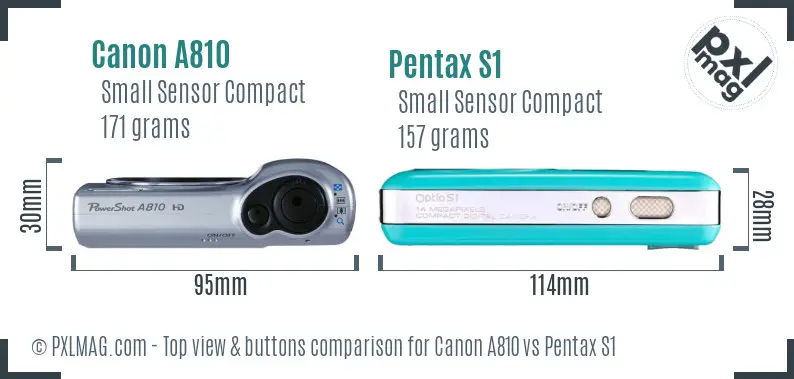 Canon A810 vs Pentax S1 top view buttons comparison