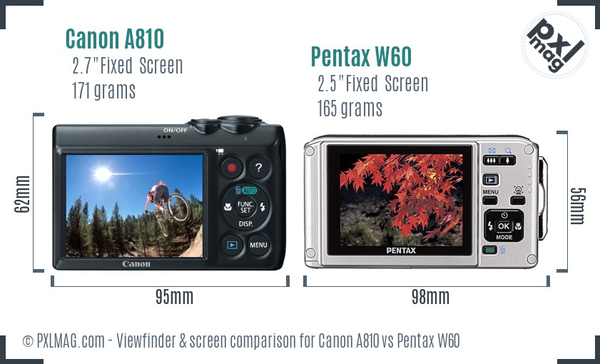 Canon A810 vs Pentax W60 Screen and Viewfinder comparison