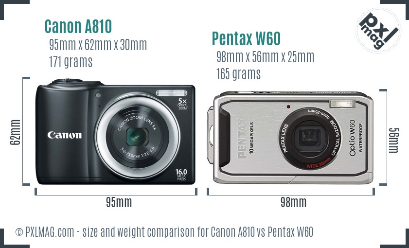 Canon A810 vs Pentax W60 size comparison
