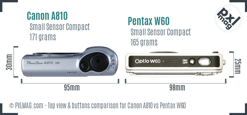 Canon A810 vs Pentax W60 top view buttons comparison