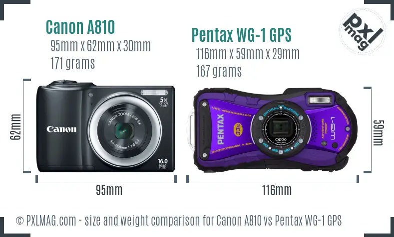Canon A810 vs Pentax WG-1 GPS size comparison