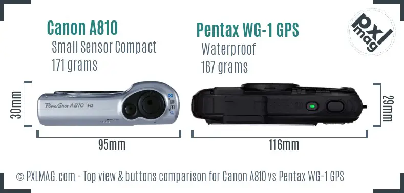 Canon A810 vs Pentax WG-1 GPS top view buttons comparison