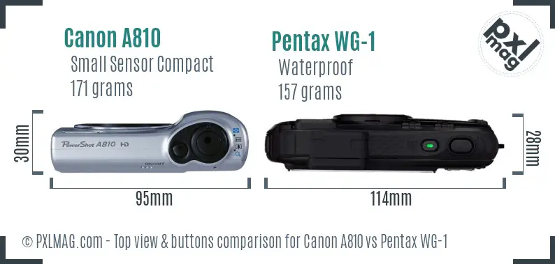Canon A810 vs Pentax WG-1 top view buttons comparison