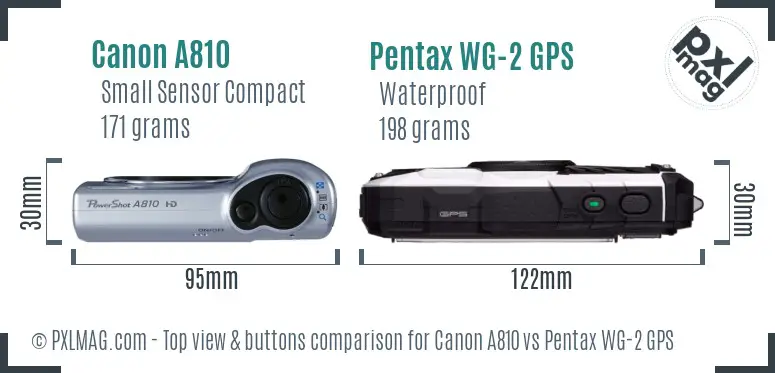 Canon A810 vs Pentax WG-2 GPS top view buttons comparison Canon A810 vs Pentax WG-2 GPS top view buttons comparison