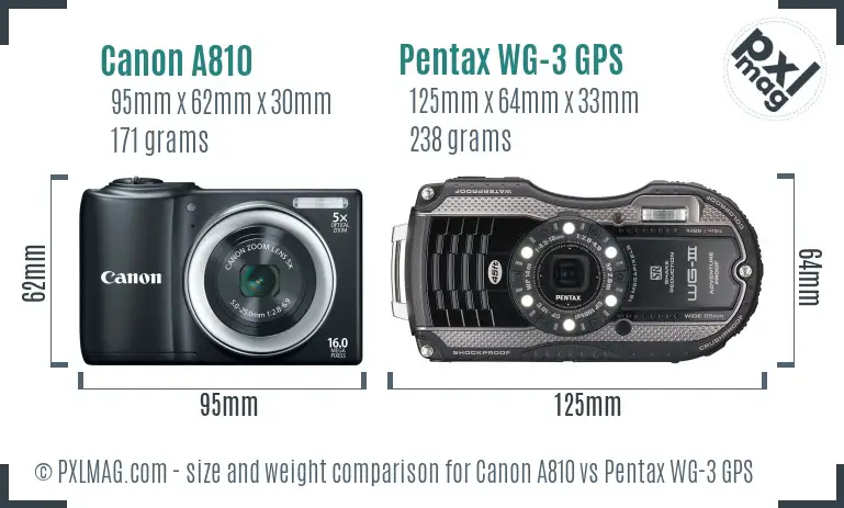 Canon A810 vs Pentax WG-3 GPS size comparison