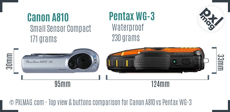 Canon A810 vs Pentax WG-3 top view buttons comparison